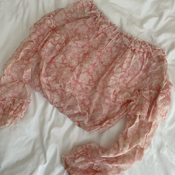 LOVESHACKFANCY printed ruffle off shoulder long sleeve top - Picture 2 of 8